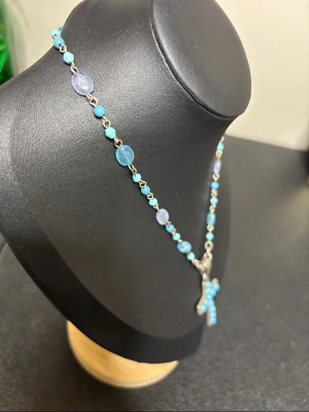 Vintage Blue Silver Tone Beaded Chain Cross Necklace